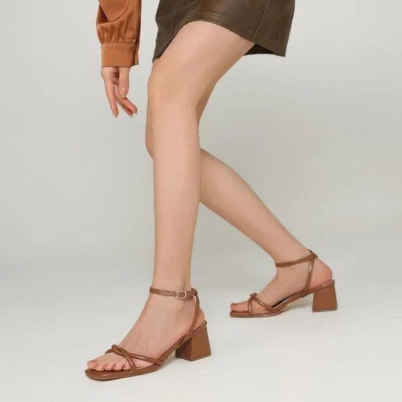 Women's Open Square Toe Chunky Block Sandals Chic Strappy Heels Brown Shoes - Picture 2 of 6